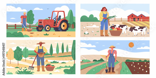 Illustrations depicting various scenes of farming and agricultural life