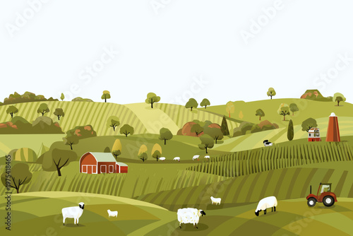A colorful illustrated landscape depicting a rolling green farmland scene
