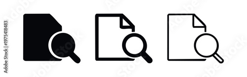 Document Search Icons Set. File Review, Information Find, and Data Exploration Symbol Vector Illustration.
