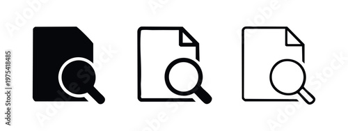 Document Search Icons Set. File Review, Information Find, and Data Exploration Symbol Vector Illustration.