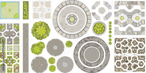 Top down view of various garden and landscaping tile patterns