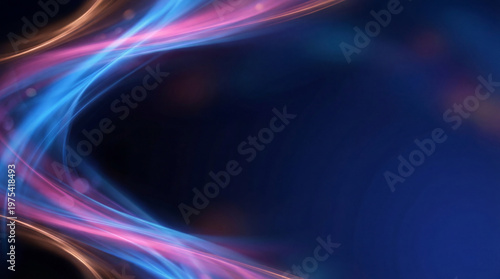 Abstract dark background with vibrant, flowing light trails in pink and blue, creating dynamic motion and energy.