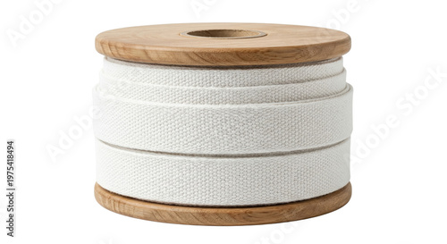 Φωτογραφία Roll of white woven cotton webbing tape on wooden spool