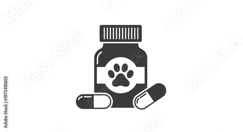 A vector graphic illustration depicting a pet medicine bottle with a prominent paw print symbol on its label, accompanied by two capsules for animal health care design.