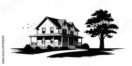 A detailed illustration of a classic victorian house with surrounding foliage