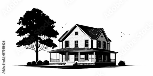 A detailed black and white illustration of a classic victorian house