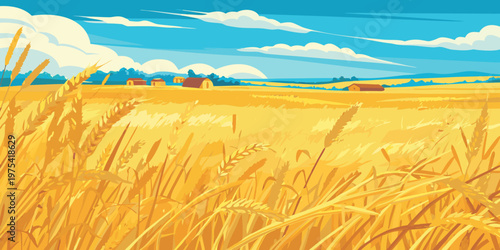 Golden wheat field under a bright blue sky with distant buildings