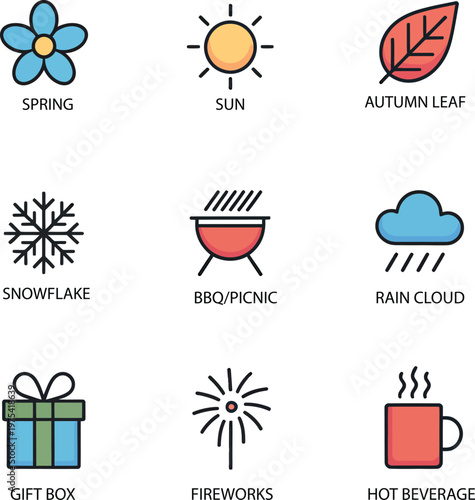 Seasonal icons set with spring flower sun autumn leaf snowflake bbq rain cloud gift box fireworks hot beverage