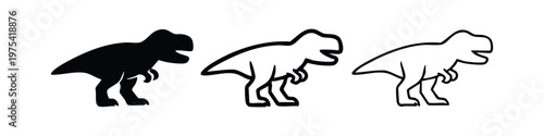Tyrannosaurus Rex Dinosaur Icon Set. Prehistoric Predator Silhouette and Outline Collection.
