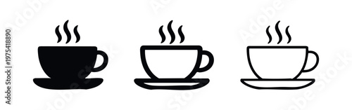 Hot Coffee Cup Icons Set with Steam for Beverage Menus