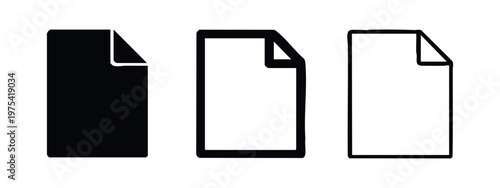 Document file icon set with folded corner. Paper sheet symbols in flat, bold, and outline styles for new or standard files.