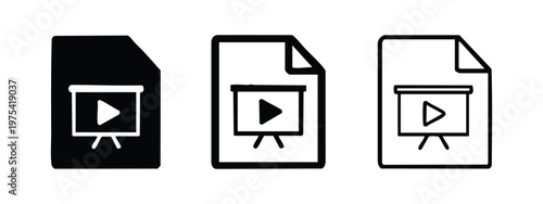 Presentation file icon set with play button. Multimedia slide show symbol for digital content and education.