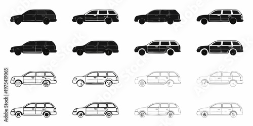 Black and white illustration depicting multiple suv vehicle silhouettes