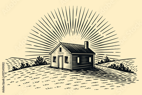 Foto A quaint wooden cabin sits nestled in a grassy field under a sunburst