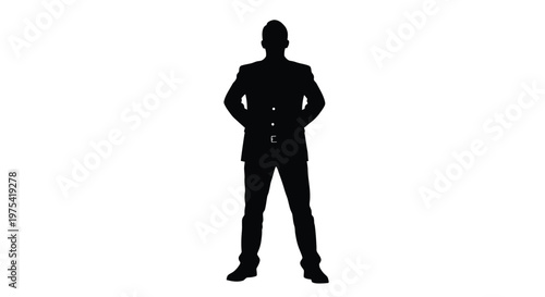 Vector illustration of a male figure silhouette in a business suit standing with hands tucked behind his back isolated on a clean white background.
