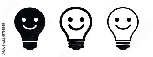 Happy lightbulb icon set representing good ideas and positivity