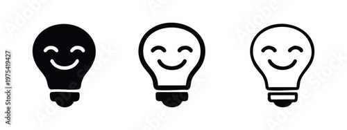 Happy lightbulb icon set with smiling face for positive inspiration