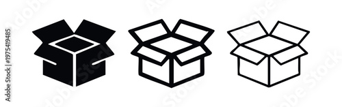 Three open box icons: solid black, outline, and simplified line art