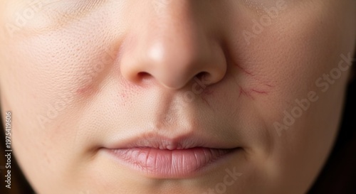 Extreme close-up of a person's face showing visible broken capillaries and skin redness around the nose and cheeks.