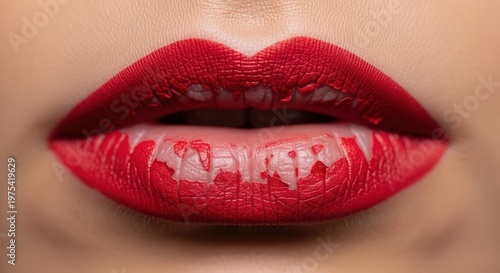 Extreme macro of lips with bright red matte lipstick that is severely cracked and flaking off, showing the skin underneath.