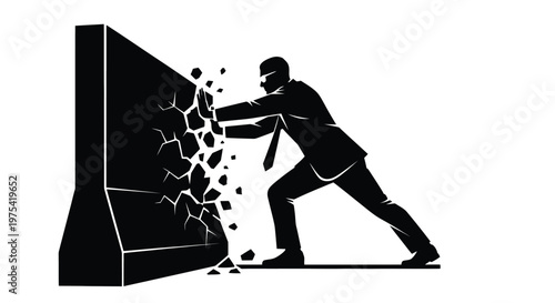 Professional businessman in a suit pushing hard against a heavy concrete wall representing a powerful vector graphic illustration of overcoming obstacles for successful career growth