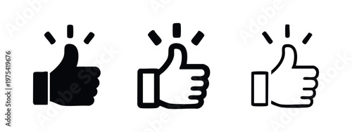 Set of three different thumbs up icons with shine on white background