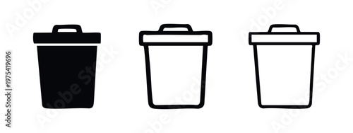 Set of three different trash can icons on white background