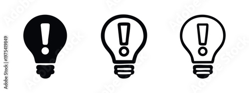 Light bulb with exclamation mark icons: solid, outline, outlined