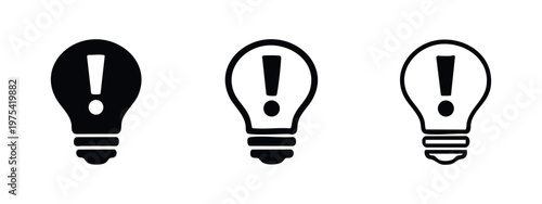 Light bulb with exclamation mark icons: solid, outline, outlined