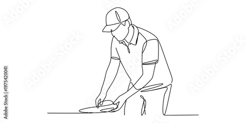 A single continuous line drawing of a person wearing a cap while working on a flat surface area. Vector, illustration