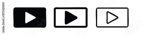Three video player icons: solid black, sketched in a rectangle, and outlined rectangle.