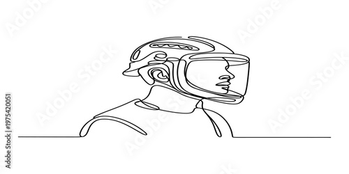 A single continuous line drawing of a construction worker wearing a hard hat with face shield Vector, illustration