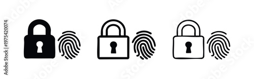Three lock and fingerprint icons: solid black, sketched, and outlined.