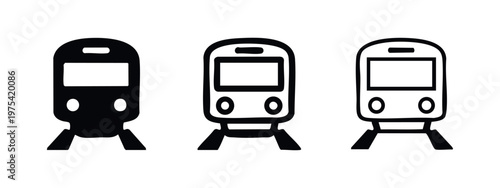 Three train icons: front view, solid black, sketched, and outlined.