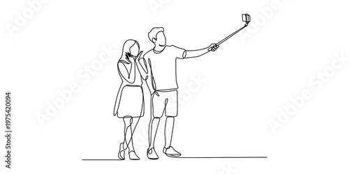 A continuous line drawing of a happy young couple taking a selfie with a long stick smartphone Vector, illustration
