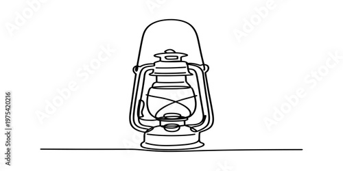 A simple black and white line drawing of a classic vintage oil lantern resting on a flat surface Vector, illustration