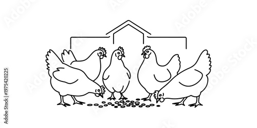 A black and white line drawing of four chickens gathered together pecking at seeds near a coop Vector, illustration