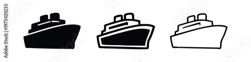 Cruise Ship Icons: Solid Black, Outline With Fill, Outline, Isolated