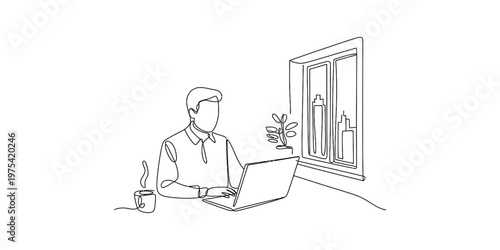 A continuous line drawing of a man working on a laptop at a desk with a warm coffee near a window Vector, illustration