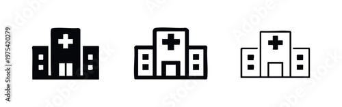 Hospital Building Icon Set: Solid, Outline, and Sketch Styles