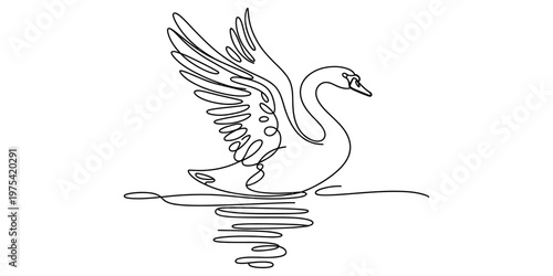 A minimalist single line drawing of a majestic swan gliding across the calm surface of the water Vector, illustration