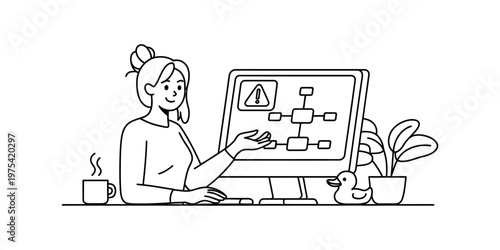 A woman sitting at her desk looking at a computer screen displaying a complex error flow chart Vector, illustration