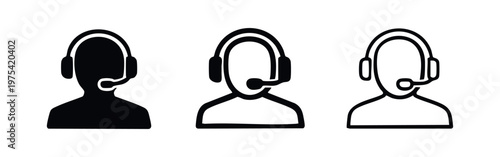 Set of three customer support headset icons in various styles.