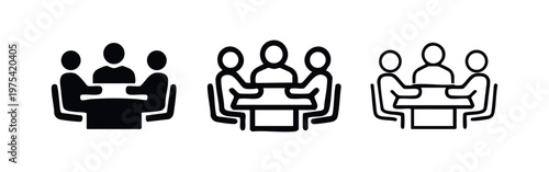 Three icons of people sitting around a table, representing a meeting or collaboration.