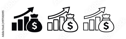 Icons representing financial growth with a graph, money bag, and upward arrow.