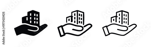 Icons of a hand holding multiple buildings, representing real estate portfolio or development.