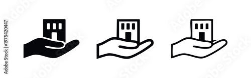 Icons of a hand holding a building, symbolizing real estate or home ownership.