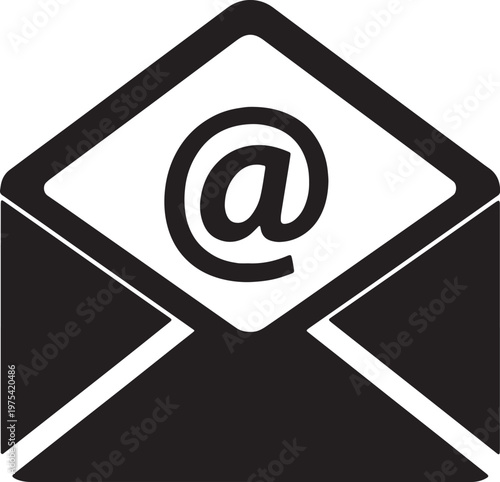 Email envelope with at sign on open flap on transparent background.