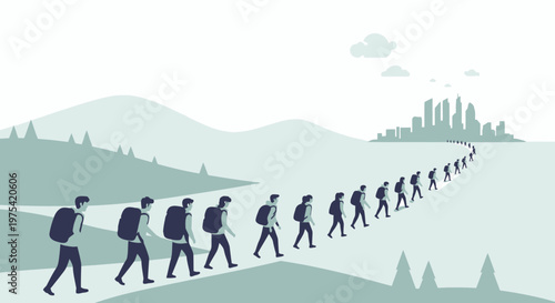 A long line of hikers with backpacks walking in a single file on a path. EPS Editable. Vector Illustrations.