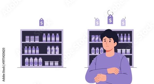 A man standing in front of store shelves contemplating product prices and shopping options. EPS Editable. Vector Illustrations.